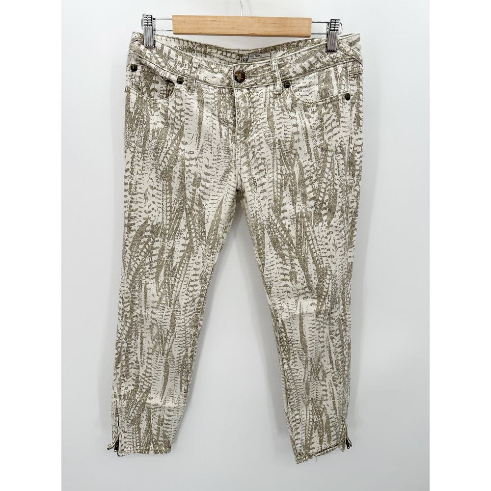 Free People Jeans‎ Women 29 Cream Feather Printed Ankle Zip Skinny Crop